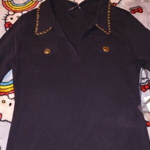 Black Long Sleeve Top with Gold Chain Detail